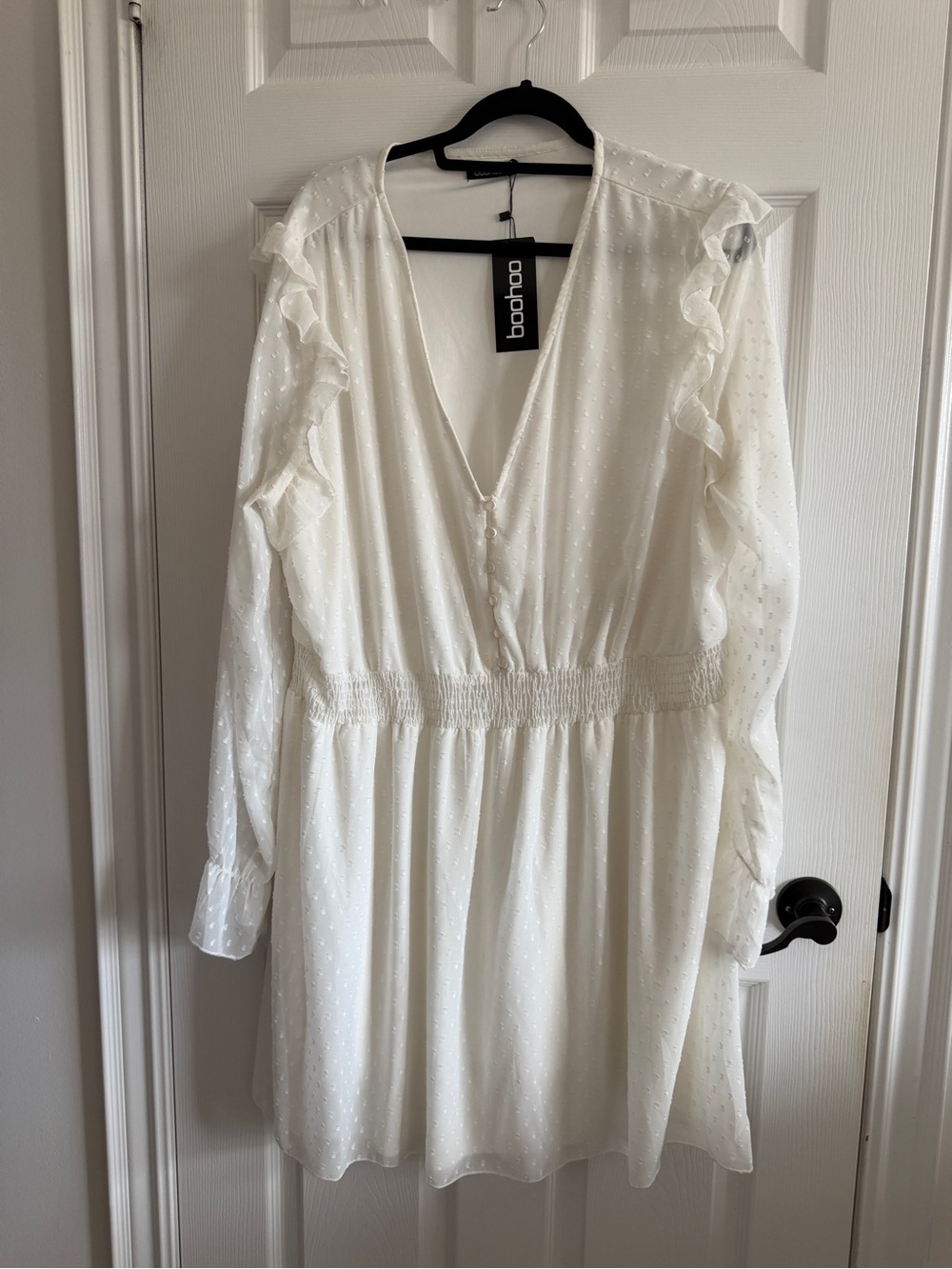 NWT - Boohoo white Swiss Dot V-Neck Ruffle Long Sleeve Mini Dress